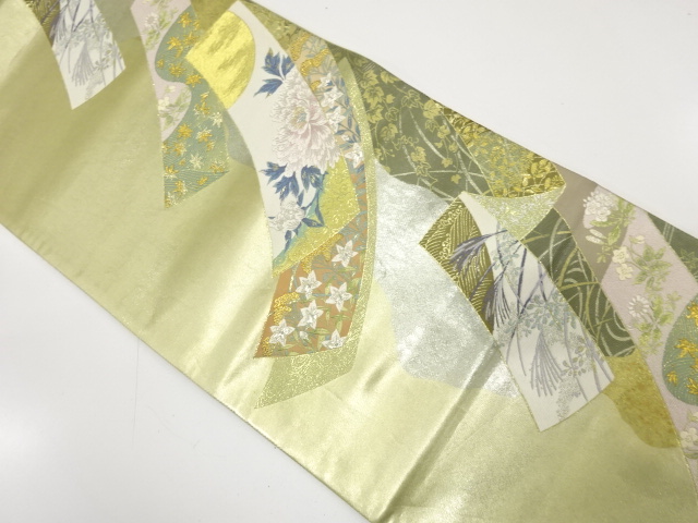 アンティーク　短冊に牡丹・秋草・満月模様織り出し袋帯（材料）